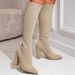 Women's Fashion Stretch Knit Pointed Toe Boots With Chunky Heel - Comfortable & Stylish Mid-Calf Boots For Fall & Winter_vogvips.com
