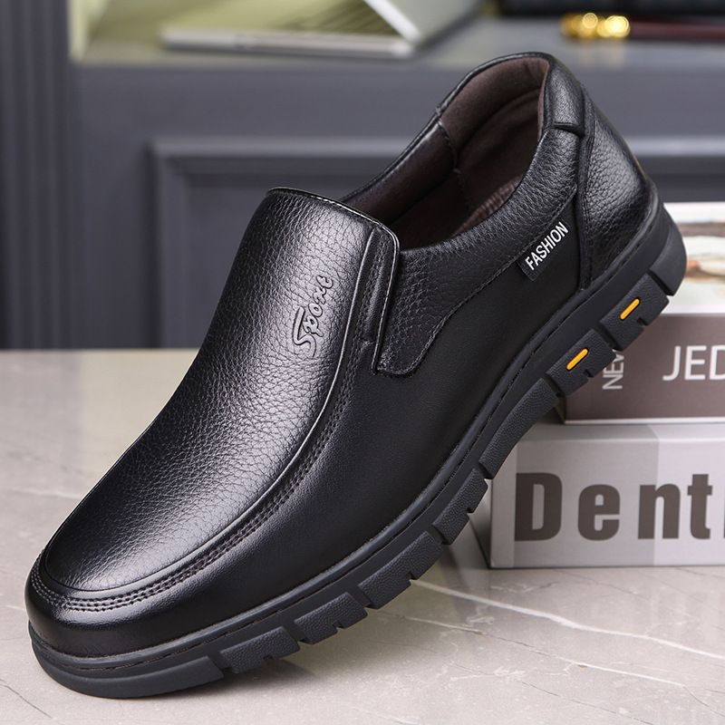 Spring And Autumn Men's Slip-On Soft Leather Versatile Business Casual Shoes, Fleece-Lined Warm Cotton Shoes_vogvips.com