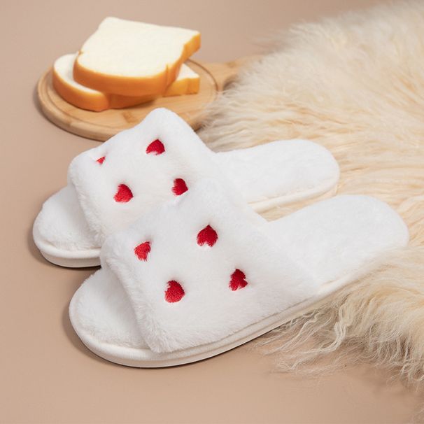 Autumn And Winter New Small Heart White Home Plush Non-Slip Sole Cartoon Simple Floor Cotton Slippers H-12_vogvips.com
