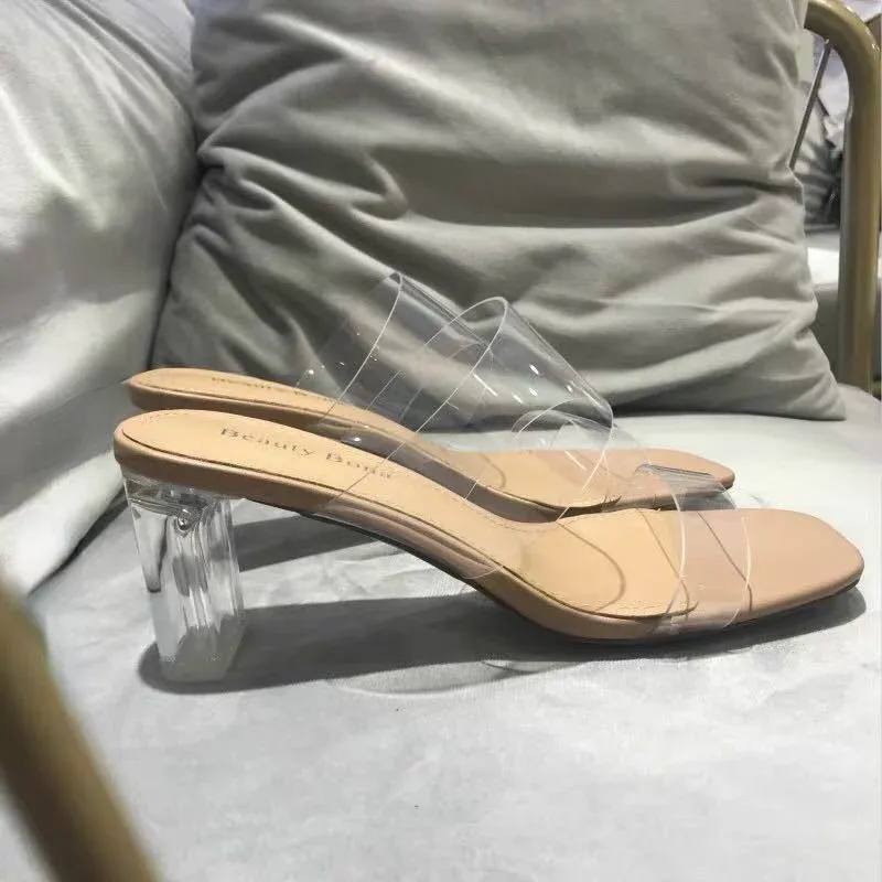 Summer Pumps 9cm Jelly Sexy Open Square Toe High Heels Women Transparent Slippers Shoe Heel Clear Sandals_vogvips.com