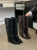Pointed Toe Women Winter Boots Wedge High Heels Belt Buckle Black Brown PU Leather Botas Fashion Dress Shoes Woman 39_vogvips.com