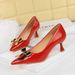1961-K68 Fashion Pointed Thin Heeled Women's With Metal Bow, Patent Leather, Shiny Surface, Single Shoe, Shallow Mouth,_vogvips.com