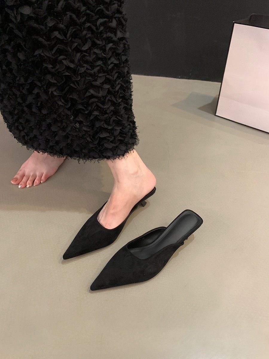 Leopard Print Kitten Heel Elegant French Style Closed-Toe Mules Women's Shoes For Outdoor Wear 2024 Autumn New Pointed_vogvips.com