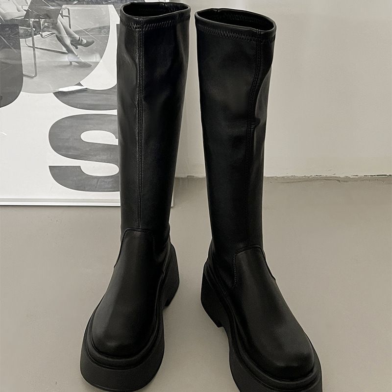 Black Knee-High With Skirt Thick Sole For Women 2024 New Autumn Slimming Short Boots_vogvips.com