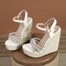 Women's High Heeled Platform Wedge Sandals Rhinestone Cross Straps Straw Rope Soles 15 Cm_vogvips.com
