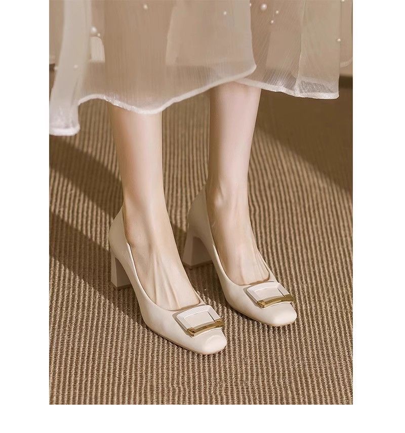 Mary Jane Metal Buckle Elegant Square Toe Chunky Heel High Heels Shallow Mouth Fashion Versatile Single Small_vogvips.com