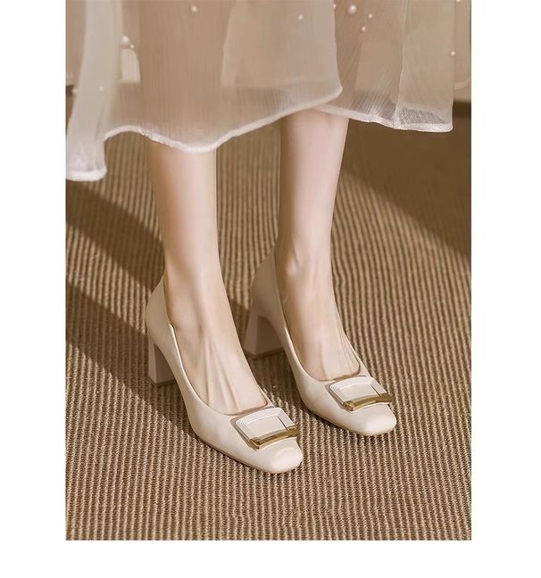 Mary Jane Metal Buckle Elegant Square Toe Chunky Heel High Heels Shallow Mouth Fashion Versatile Single Small_vogvips.com