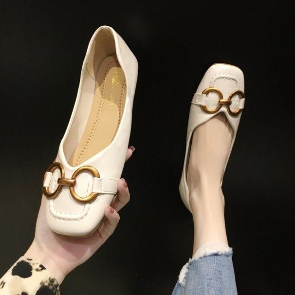 Women's Single Leather Shoes 2025 New Summer Absolute Flat Bottom And Autumn Shallow Mouth Versatile Square Head Spring_vogvips.com