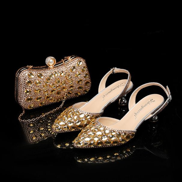 Women's Shoes sandals with stilettos and pointed toes, crystal glass flowers, champagne gold, banquet evening bag combination women's shoes_vogvips.com