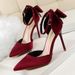 MTX 5196-1 Korean Style Sweet Women's Shoes Thin High Heel Shallow Mouth Pointed Toe Satin Hollow Back Bowknot Strap Sandals_vogvips.com