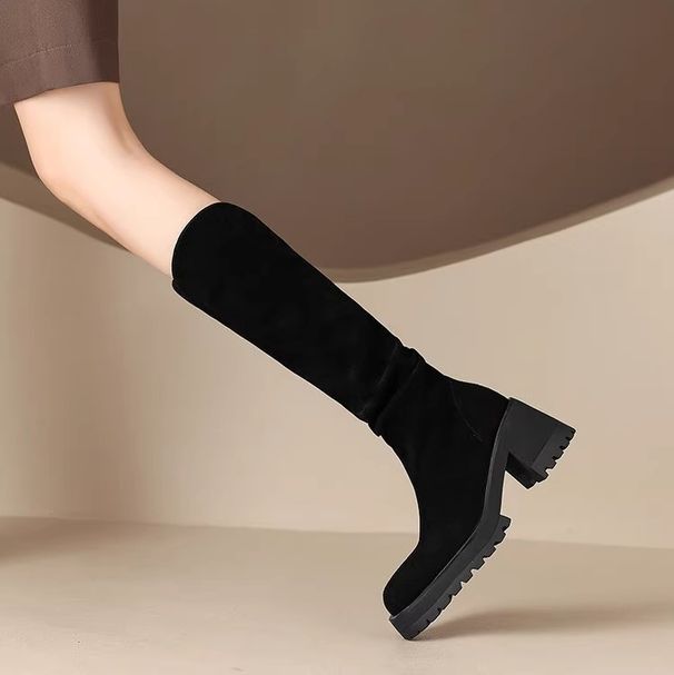 2025 Autumn Winter New Thick-Soled Long For Women, Ruched Slouch Boots, Chunky High Heels, Over-the-Knee Riding Boots_vogvips.com