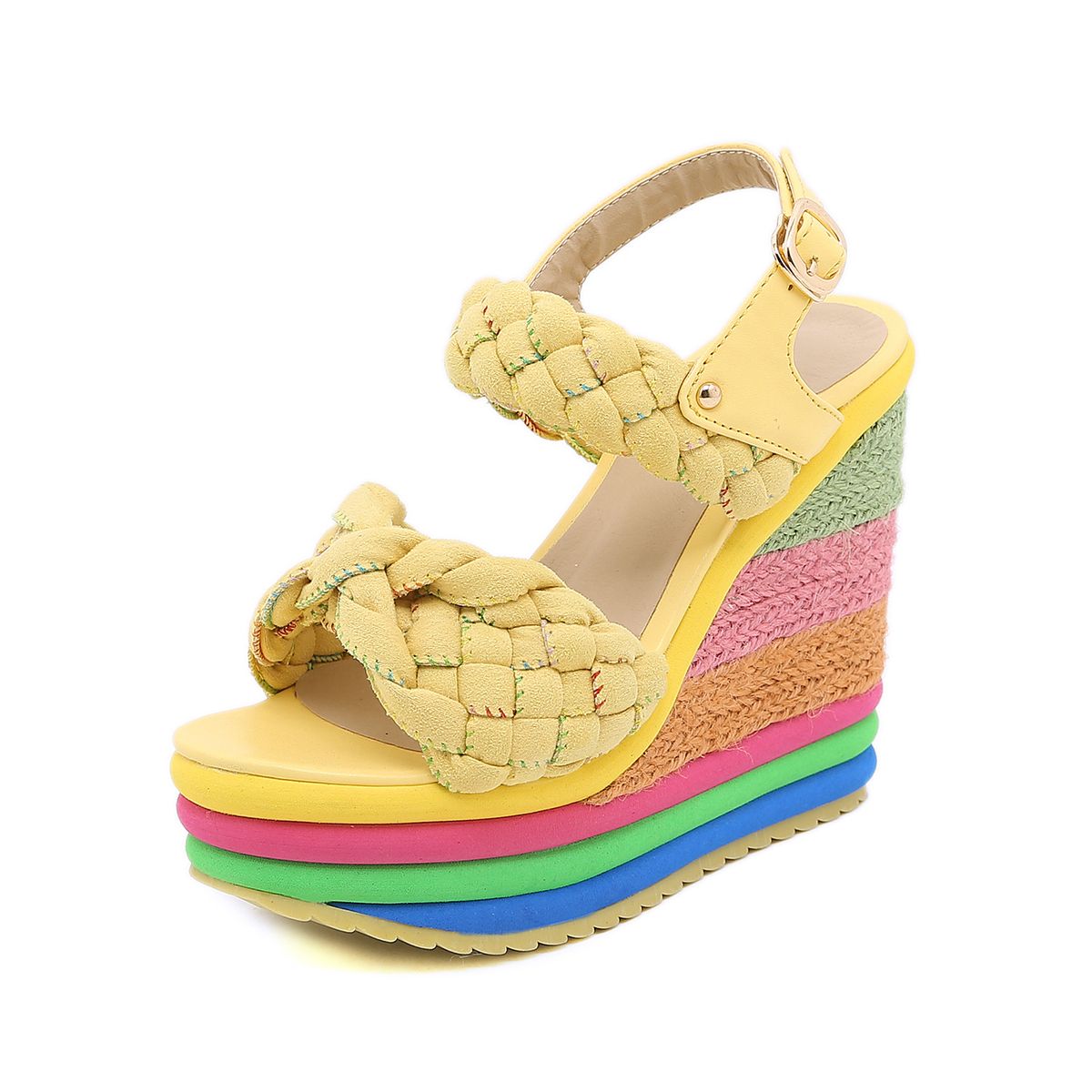 2026 New Model Cross-Border Foreign Trade Wholesale Straw Rainbow Sandals Super High Large Size Wedge Heel_vogvips.com