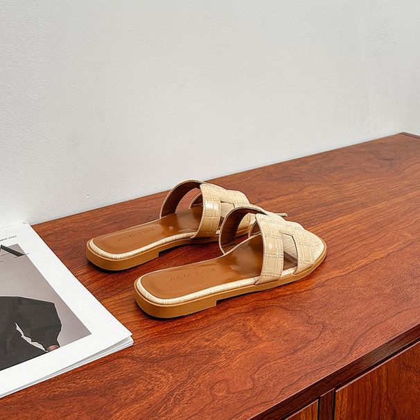 European And American Cross-border Foreign Trade 2026 Summer Square-toed Flat Sandals, Women's Slip-on Large-size Beach_vogvips.com