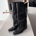 Retro Women's Tall Boots Square Toe Slip-On Riding Boots With Hidden Height Increase Pleated Long Western Style For Autumn Winter_vogvips.com