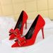 9511-H30 Elegant Light Luxury Pointed High Heels Water Diamond Bow Women's Suede Shallow Mouth Fine Heel Fashion Single_vogvips.com