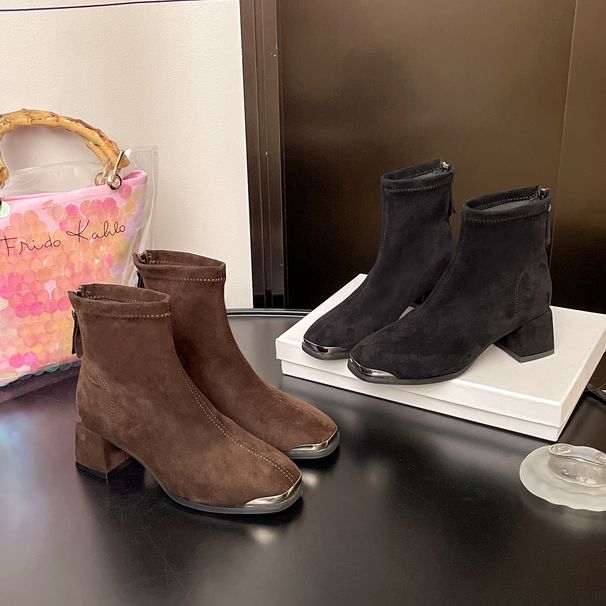 Chunky Heel Suede Korean Style Ankle For Women 2025 New Autumn Winter Fleece-Lined Martin Coffee Color Slim Short Boots_vogvips.com