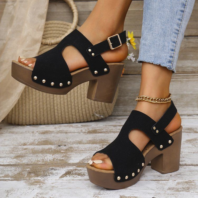 Chunky Heel Sandals Women's Summer New Rivet Back Strap Fashion Casual Sandals_vogvips.com