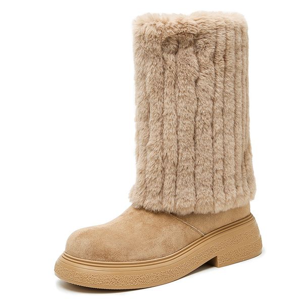 Women's Winter Snow Boots With Faux Fur Lining, Slip-Resistant Thick Sole, Mid-Calf Height, Water-Resistant Suede Upper, Round Toe, Chunky Heel_vogvips.com