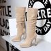 9399-1 Women's Chunky Heel Pointed Toe, High Shaft, Waterproof Platform, Side Zipper, Suede Pleated Stacked Boots,_vogvips.com