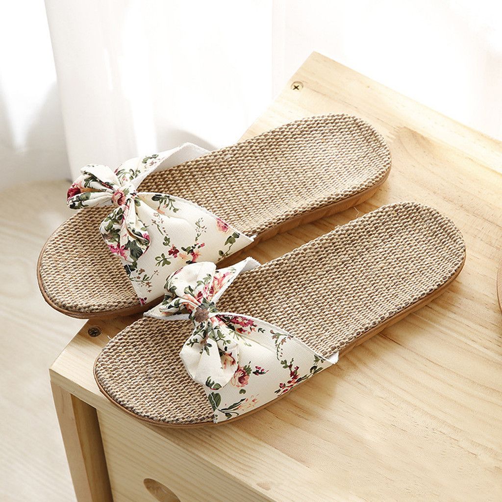 For Woman Sandalias Mujer Women Female Bowknot Flax Linen Flip Flops Beach Shoes Sandals Slipper Chaussures Femme_vogvips.com