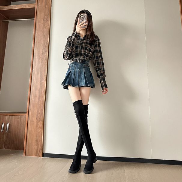 Over-the-Knee For Women 2024 New Square Toe Tube Stretch Slim Autumn Winter High Heel Slimming British Style Long Boots_vogvips.com