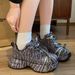 Women's Rhinestone Platform Sneakers Chunky Dad Shoes Fashion Star Studded Lace Up Casual Shoes With Animal Print & Comfortable Wedge Sole_vogvips.com