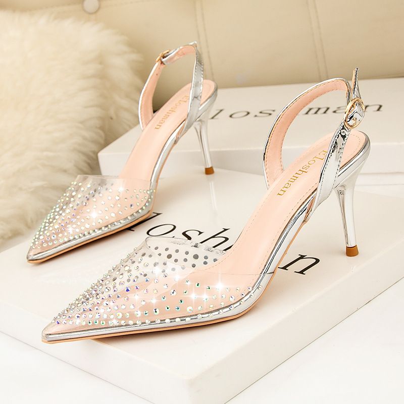 Simple Pointed Toe Pumps Transparent Rhinestone Fashion Sandals Fine Heels Air Lady Shoes_vogvips.com