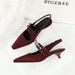 5126 Korean Style Pointed Toe One-Strap Backle Comfortable Low Single Shallow Mouth Wine Gla Heel Satin Women'_vogvips.com