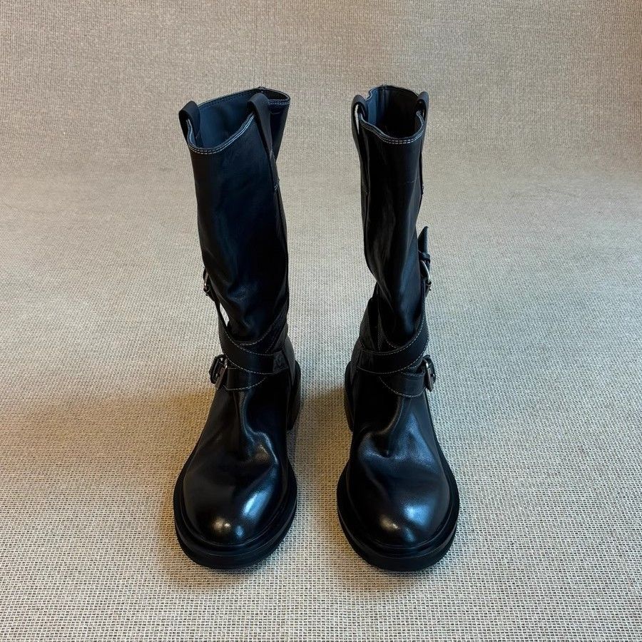 Retro Chic Mid Calf Motorcycle Boots Women's Chunky Heeled Combat Boot With Metal Buckle Design Cool Edgy Street Style Spring_vogvips.com