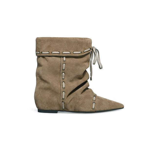 Western Style Niche Retro Pleated Pointed Toe Short For Women Autumn New Height-Increasing Lace-Up Casual Slouch_vogvips.com