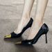 Yang Shulin Style Metal Square Sexy Stiletto Women's Black Patent Leather Versatile Slip-On Iron Toe High Heels_vogvips.com