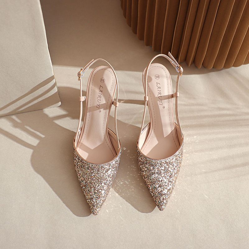 31-44 Size Sequin High Heel Open Back Stiletto Sandals For Women New Summer Pointed Toe Strap Single Shoes_vogvips.com