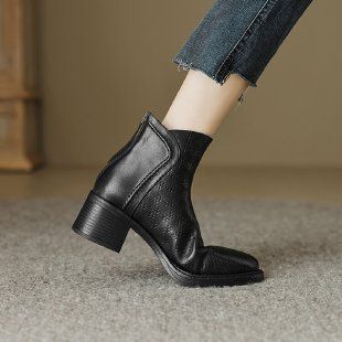 Women's Shoes Ankle Boots Single Boots Round Toe Medium Heel High Heel Boots Thick Heel Winter Plus Velvet Thick Heel Zipper Leather Boots_vogvips.com