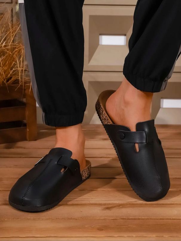 Men's Spring And Autumn Casual Simple Buckle Flat Heel Set Wear Soft Wood Grain Solid Color PU Shoes Bread Head Beach Slippers C_vogvips.com
