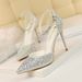 Sweet Korean Style Heels Thin High Heel Shallow Mouth Pointed Toe Hollow Strap Shiny Rhinestone Women's Sandals P_vogvips.com