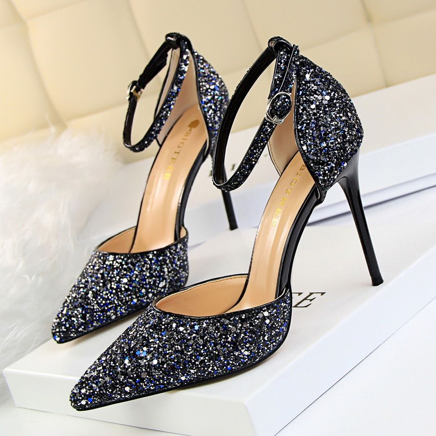 283-A1 Sexy Nightclub Women's Shoes High Shallow Mouth, Pointed Metal Thin Heels, One Line With Sequins, Hollow Sandals_vogvips.com
