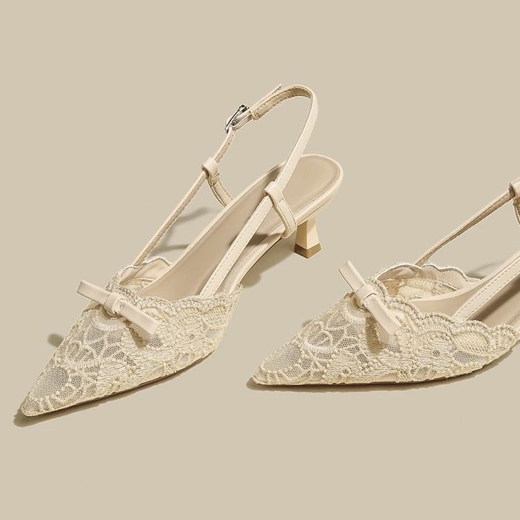 Lace Stiletto High-heeled Shoes Women, New Backless Pointed-toe Sandals, Medium Heel, Nude Color, Comfortable For The_vogvips.com