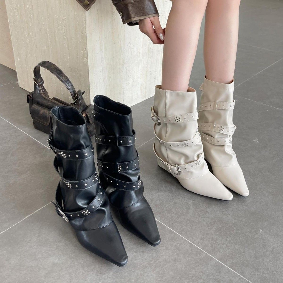 2025 Autumn Winter French Style White Short Fashionable Pointed Toe Wide Tube Slimming Belt Buckle Rivet Wedge Mid-Calf_vogvips.com