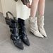 2025 Autumn Winter French Style White Short Fashionable Pointed Toe Wide Tube Slimming Belt Buckle Rivet Wedge Mid-Calf_vogvips.com