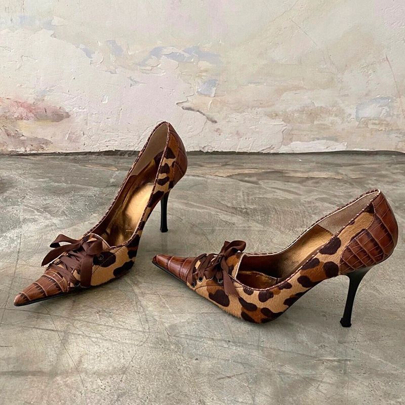 European And American Style Pointed Toe Stiletto Lace Up High Heels For Women Spring Summer New Niche Leopard Print_vogvips.com