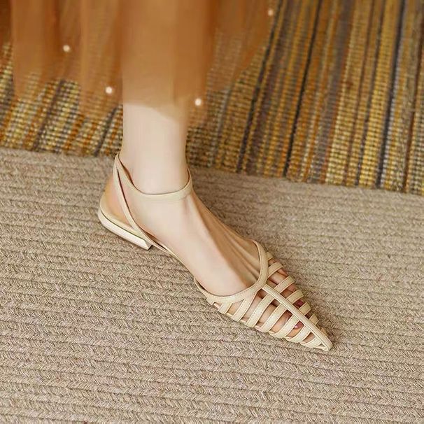 French Style~Artistic Retro Pointed-toe Low Chunky Heel Roman Sandals For Women, Pig Cage S, Summer Casual Women's_vogvips.com