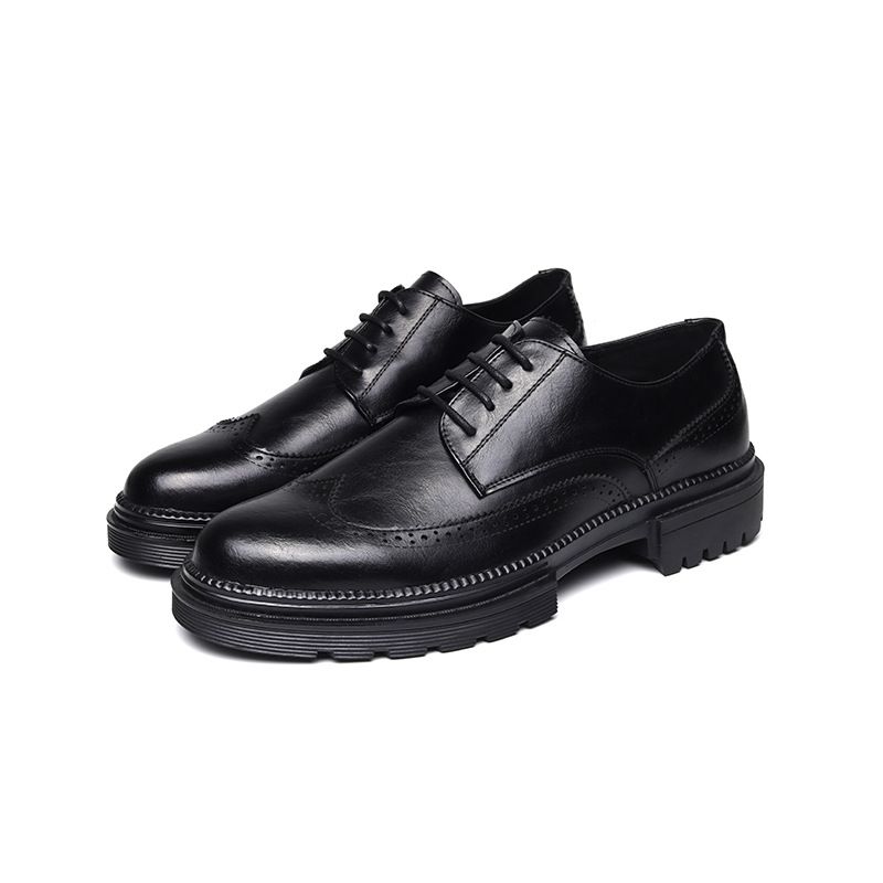 Euro Step 2025 Autumn Winter New Men's Pointed Casual Low-top Thick-soled Business Brogue Rubber Black Leather Shoes 1377-R_vogvips.com