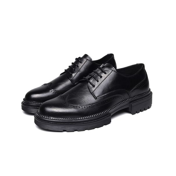 Euro Step 2025 Autumn Winter New Men's Pointed Casual Low-top Thick-soled Business Brogue Rubber Black Leather Shoes 1377-R_vogvips.com