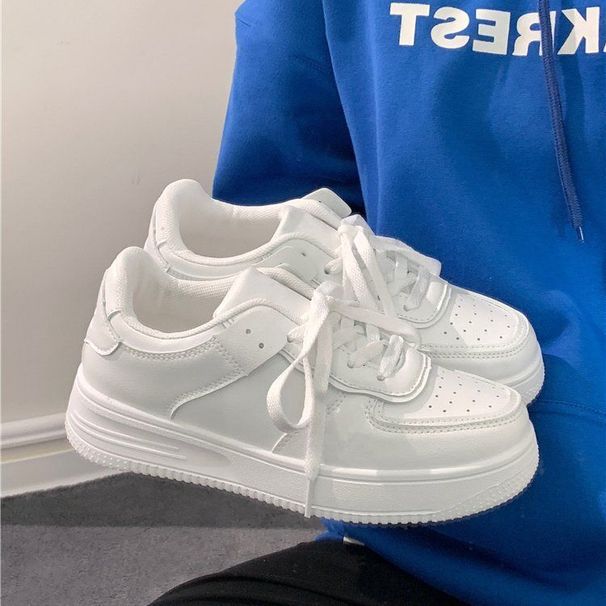 All White Faux Leather Platform Skate Sneakers Lace Up Breathable Low Top Casual Walking Shoes For Women_vogvips.com