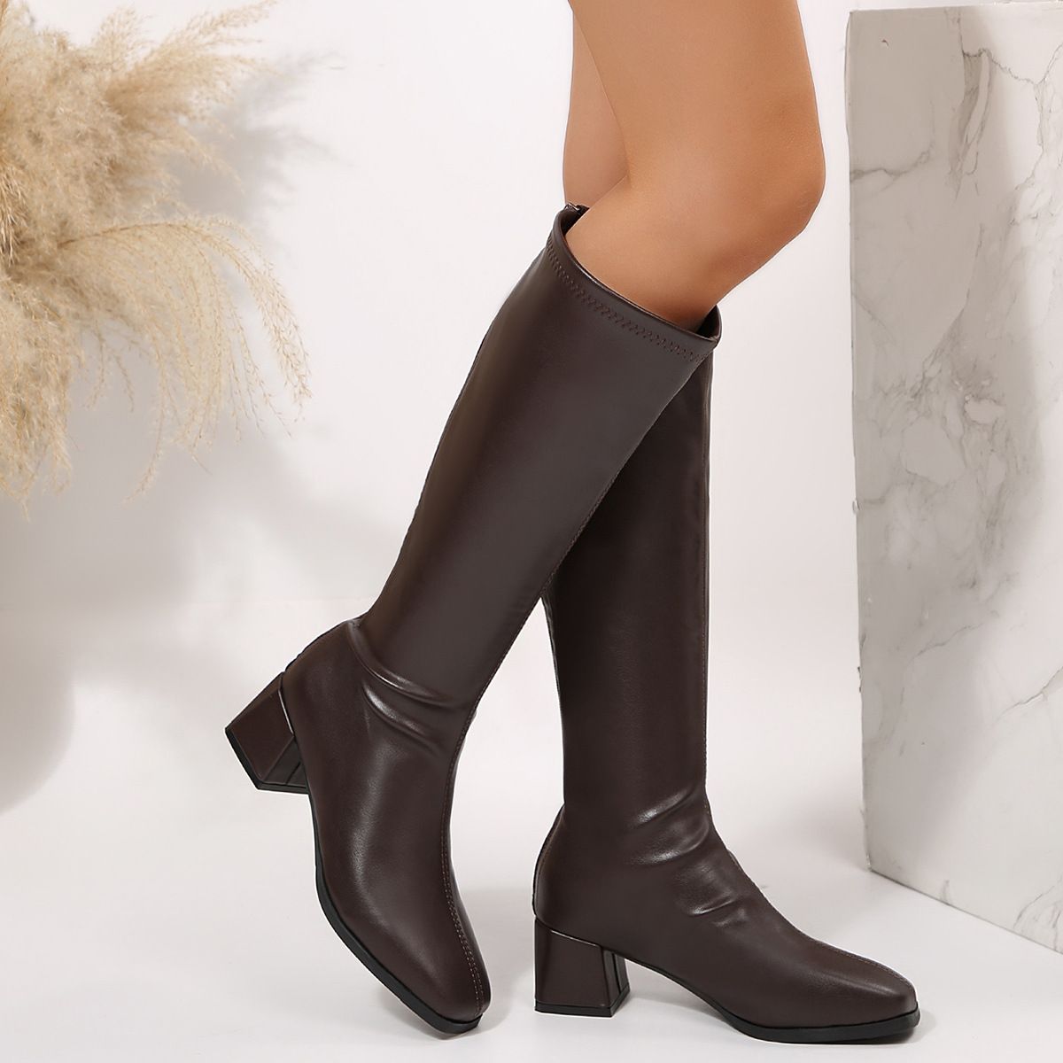 Women's Plus Size Over-the-Knee High Top Riding Boots Square Toe Chunky Heel Slimming PU Suede Autumn Winter Black Cowboy Boots_vogvips.com