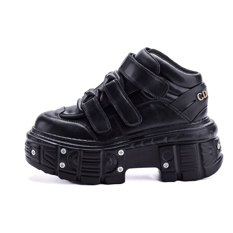 Women's Heavy Metal Thick Soled Low Top Punk Leather Shoes Dark Black Motorcycle Style_vogvips.com