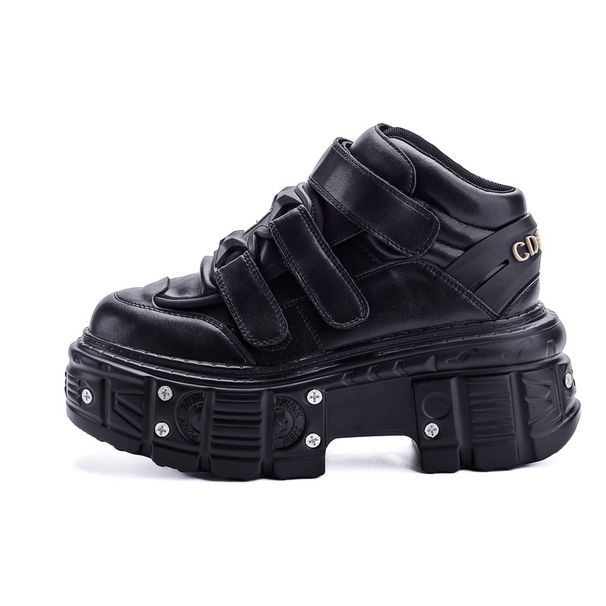 Women's Heavy Metal Thick Soled Low Top Punk Leather Shoes Dark Black Motorcycle Style_vogvips.com