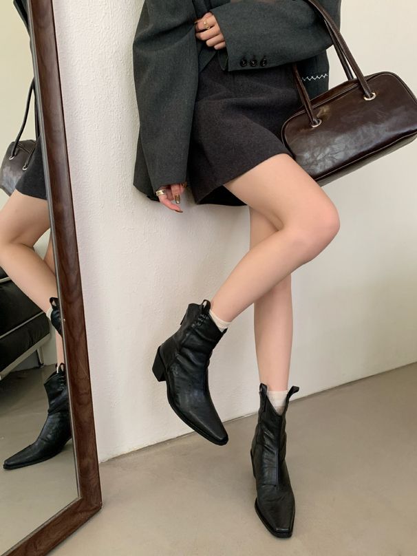 Solid Color Chunky Heel Short For Women 2025 New French Style Ankle Western Cowboy V-Mouth Mid-Calf Zipper Women's Boots_vogvips.com