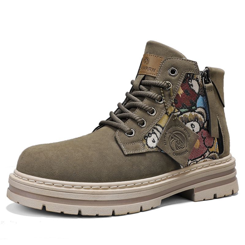 Men's Chunky Sole Side-Zip Ankle Boots - Classic British Style Leather Work Boots With Anti-Slip & Height Increase (Yellow, Khaki, Sand)_vogvips.com