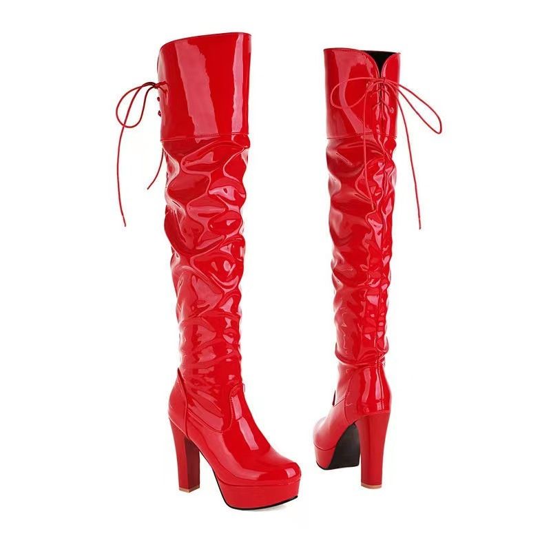 2023 Autumn Winter Slimming Personality Versatile Wrinkled Round Toe Super High Heel Patent Leather Long Tube_vogvips.com
